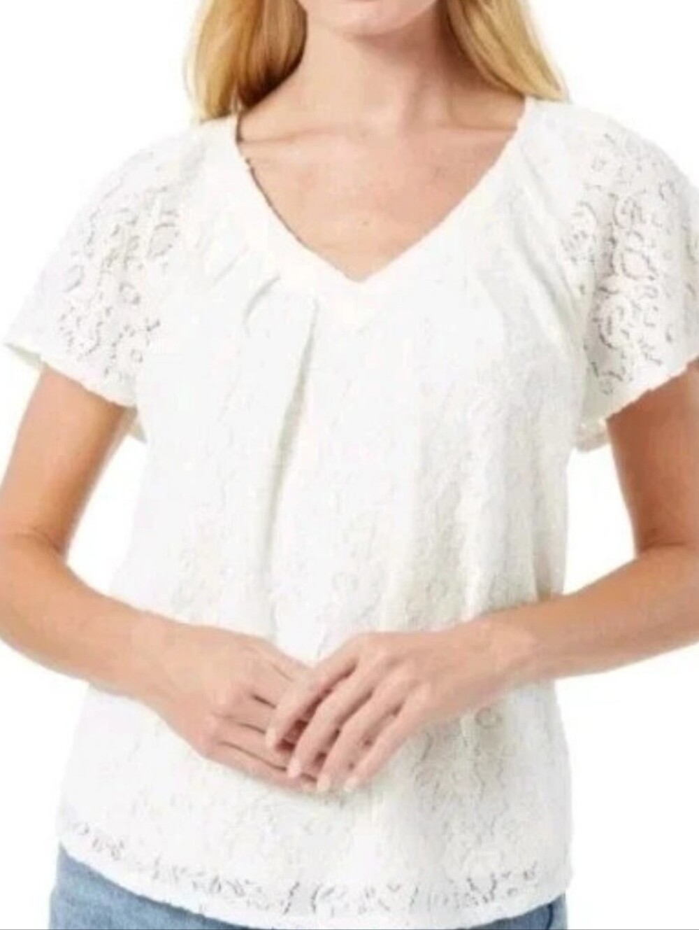 Cupio Women’s White Lace V-Neck Short Sleeve Top Xxl
